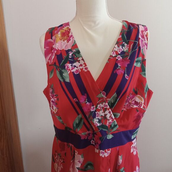 Chris McLaughlin Size 16 Dress Red Pink White Floral Maxi Faux Wraparound - Picture 2 of 15